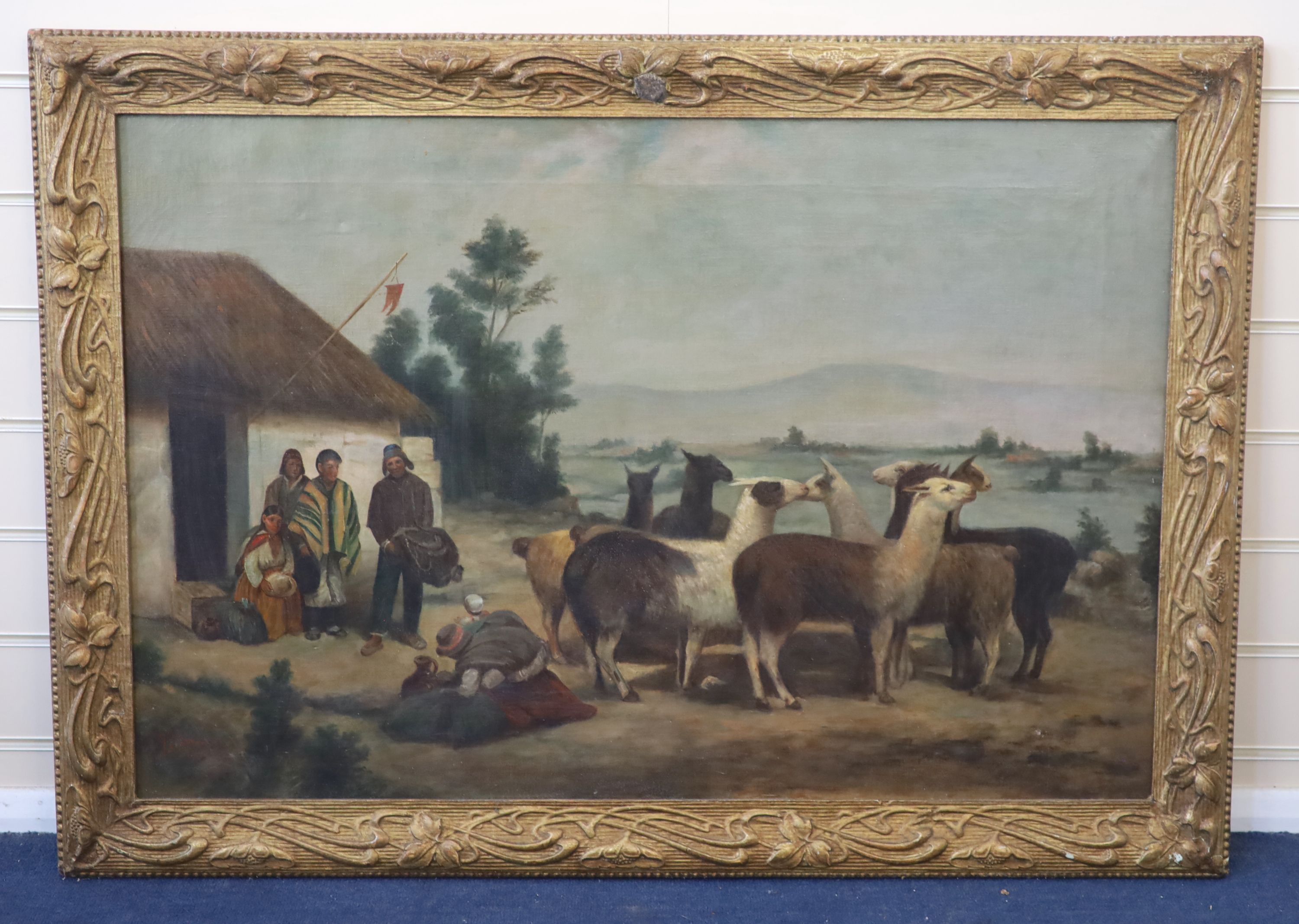 South American School, circa 1900, Peruvian lakeside scene with figures and llamas, Oil on canvas, 59 x 89cm.